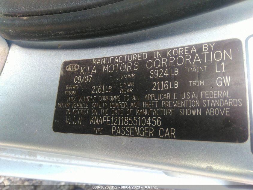 KNAFE121185510456 2008 Kia Spectra Ex