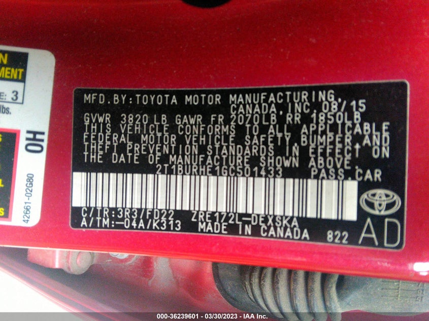 2016 Toyota Corolla S Plus VIN: 2T1BURHE1GC501433 Lot: 36239601