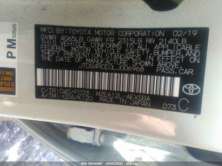 2020 Toyota Corolla Se VIN: JTDS4RCE0LJ006968 Lot: 36240467