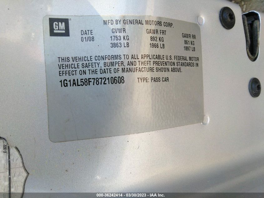 2008 Chevrolet Cobalt Lt VIN: 1G1AL58F787210608 Lot: 36242414