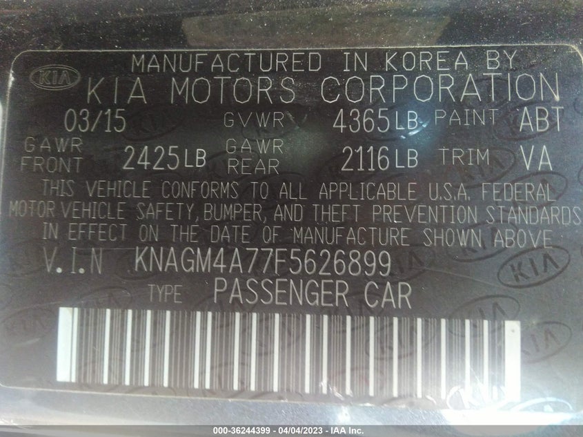 2015 KIA OPTIMA VIN: KNAGM4A77F5626899