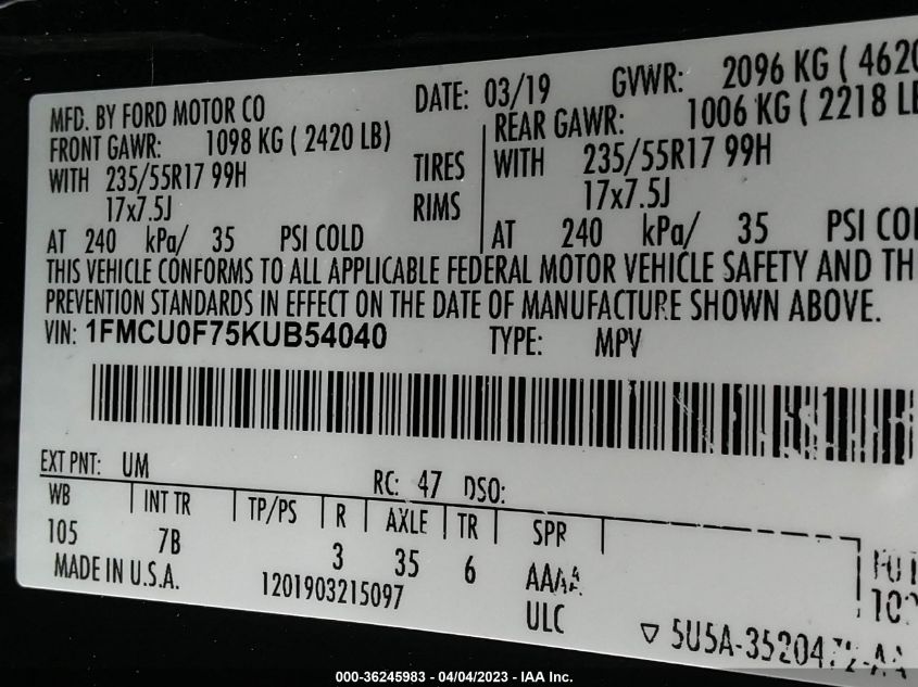 1FMCU0F75KUB54040 2019 Ford Escape S