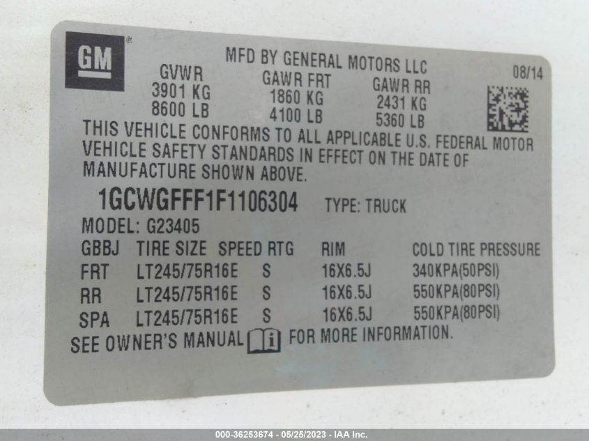 1GCWGFFF1F1106304 2015 Chevrolet Express 2500 Work Van