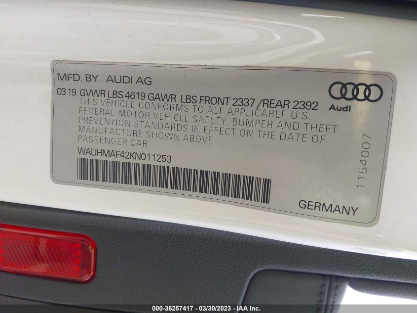 2019 Audi A4 Premium Plus VIN: WAUHMAF42KN011253 Lot: 36257417