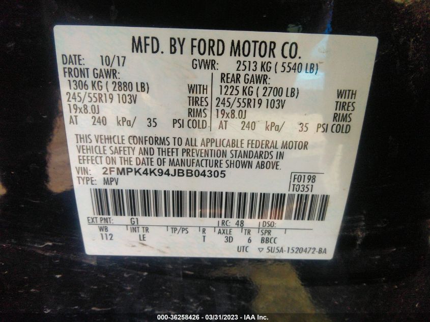 2018 Ford Edge Titanium VIN: 2FMPK4K94JBB04305 Lot: 36258426