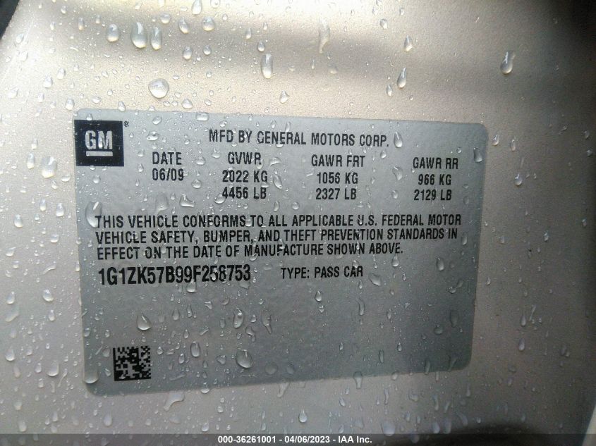 2009 Chevrolet Malibu Ltz VIN: 1G1ZK57B99F258753 Lot: 36261001