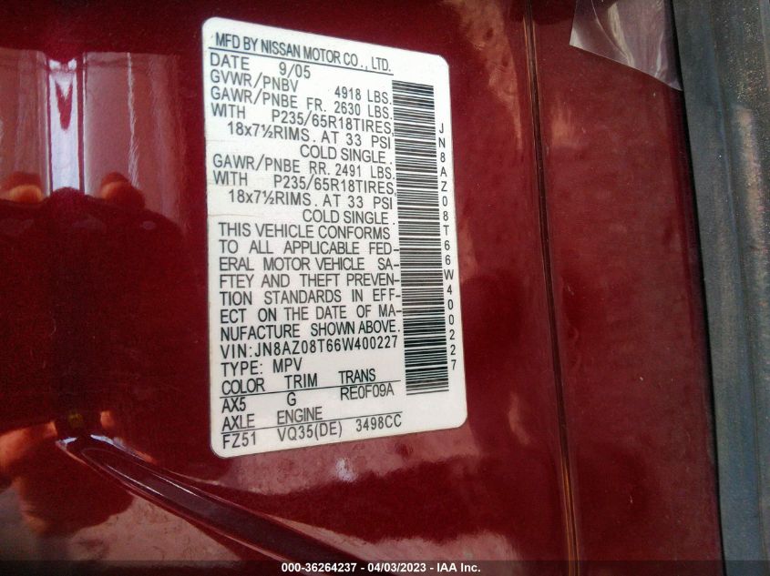 2006 Nissan Murano S VIN: JN8AZ08T66W400227 Lot: 36264237