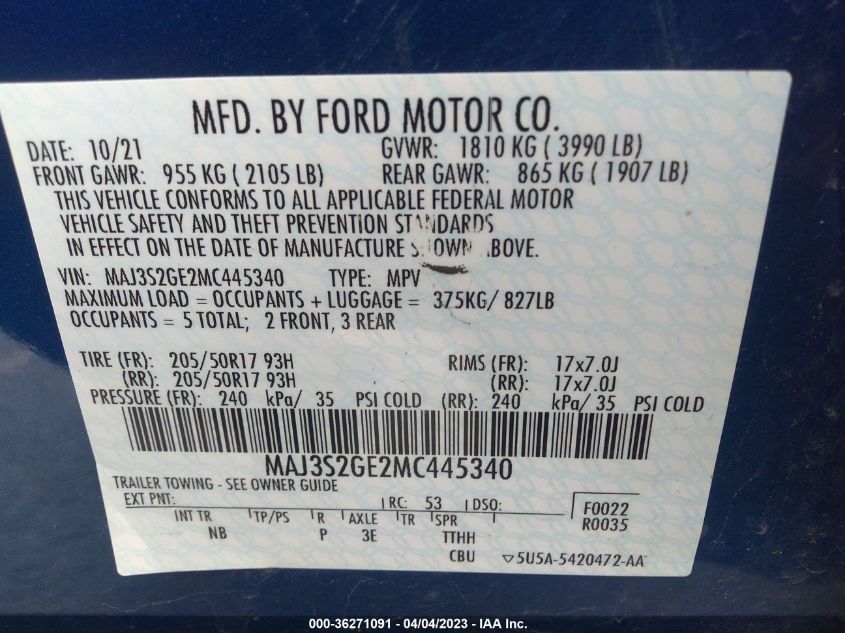 2021 Ford Ecosport Se VIN: MAJ3S2GE2MC445340 Lot: 36271091