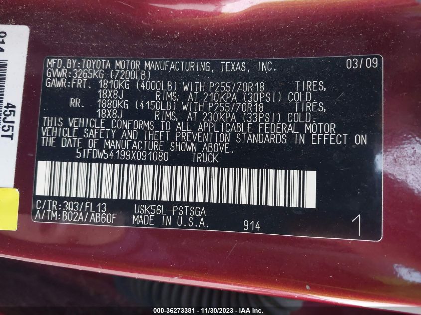 2009 Toyota Tundra Sr5 5.7L V8 VIN: 5TFDW54199X091080 Lot: 36273381