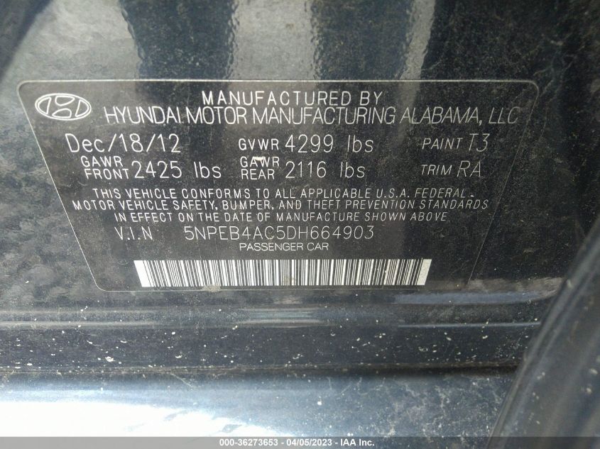 5NPEB4AC5DH664903 2013 Hyundai Sonata Gls