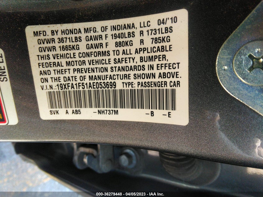 2010 HONDA CIVIC VIN: 19XFA1F51AE053699