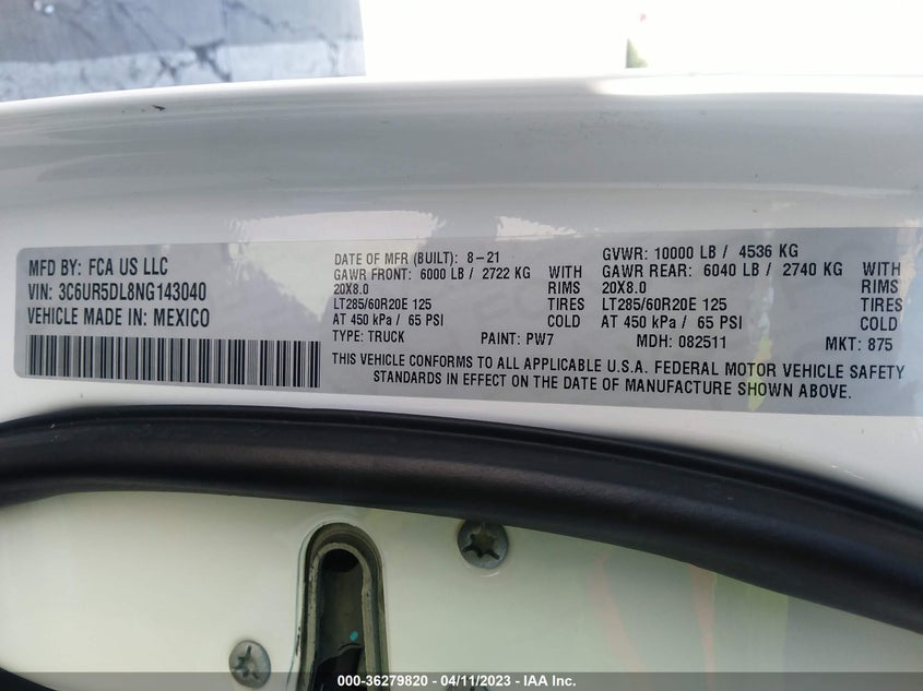 2022 RAM 2500 VIN: 3C6UR5DL8NG143040