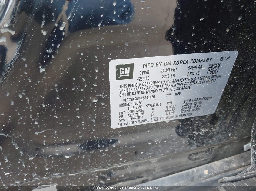 2022 CHEVROLET TRAX VIN: KL7CJKSM6NB544470