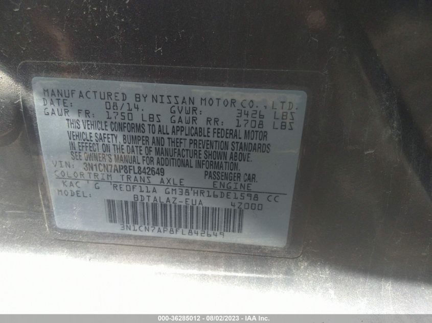 3N1CN7AP8FL842649 2015 Nissan Versa 1.6 S+