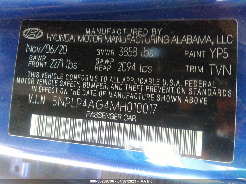 2021 HYUNDAI ELANTRA LI VIN: 5NPLP4AG4MH010017