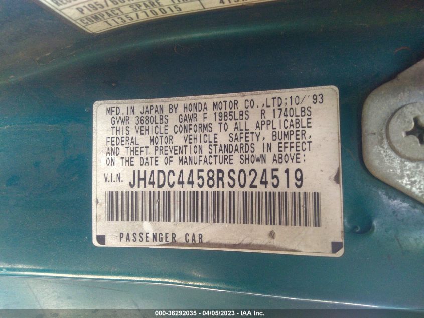 1994 Acura Integra Ls VIN: JH4DC4458RS024519 Lot: 36292035