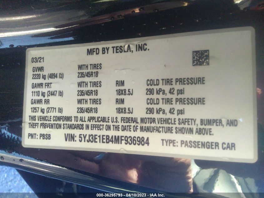 Фото: 5YJ3E1EB4MF936984 - 9