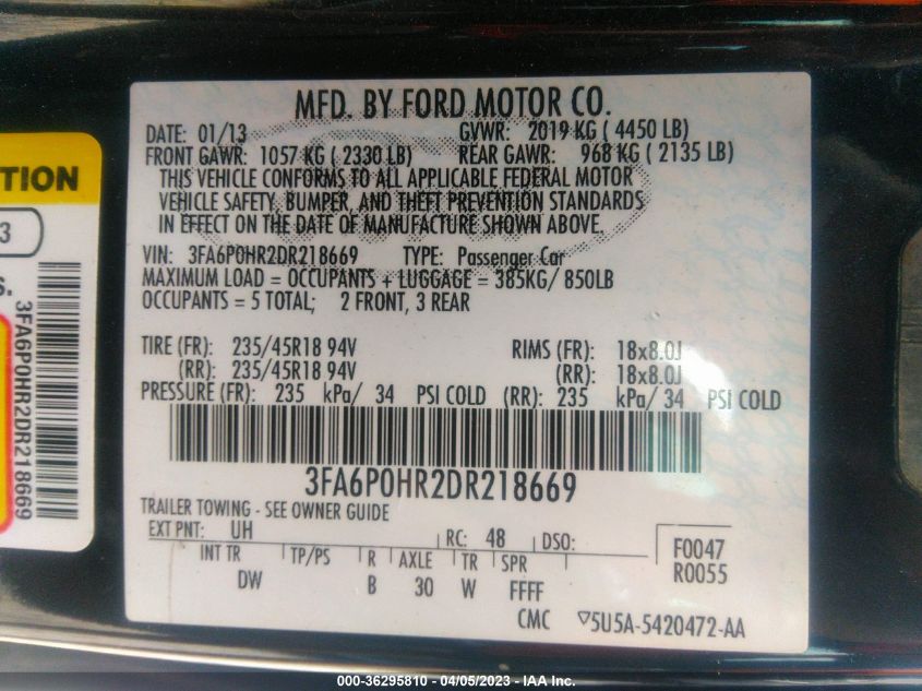 2013 Ford Fusion Se VIN: 3FA6P0HR2DR218669 Lot: 36295810