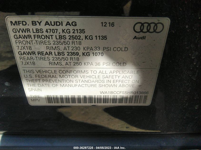 2017 Audi Q3 2.0T Premium VIN: WA1BCCFS5HR013886 Lot: 36297225