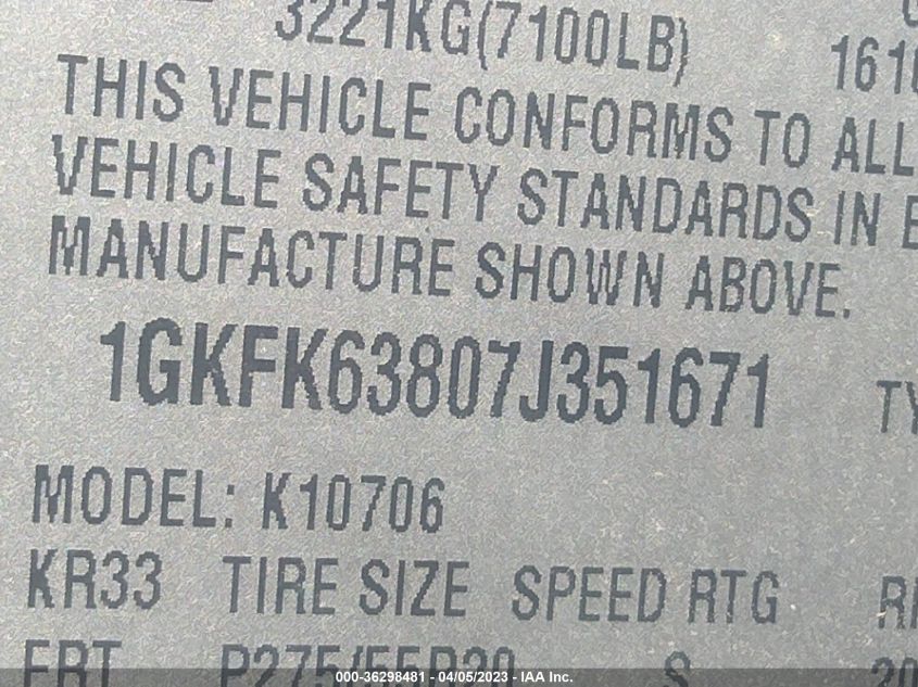 2007 GMC Yukon Denali VIN: 1GKFK63807J351671 Lot: 36298481