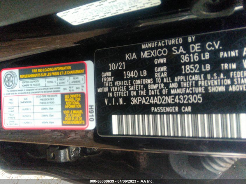 3KPA24AD2NE432305 2022 Kia Rio S