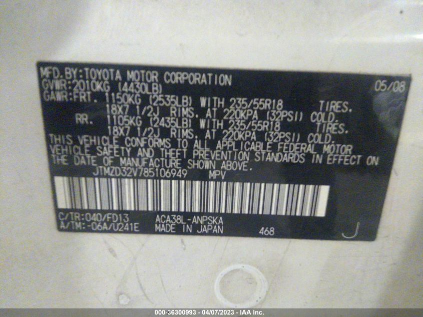 2008 Toyota Rav4 Sport VIN: JTMZD32V785106949 Lot: 36300993