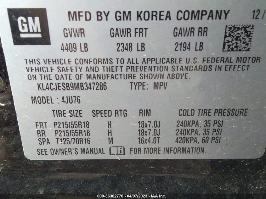2021 BUICK ENCORE VIN: KL4CJESB9MB347286