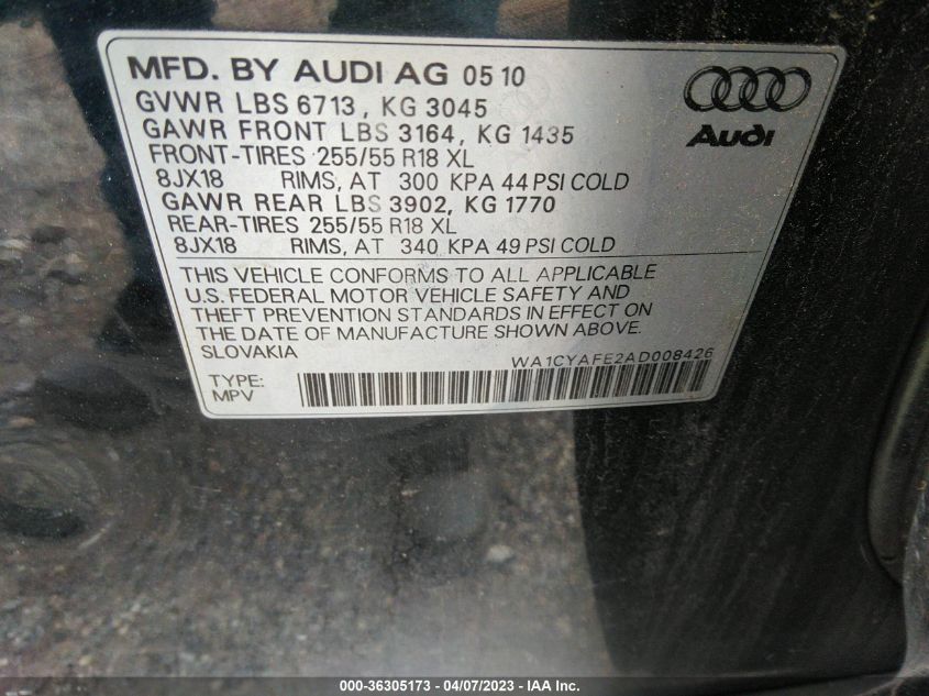 2010 Audi Q7 3.6 Premium VIN: WA1CYAFE2AD008426 Lot: 36305173