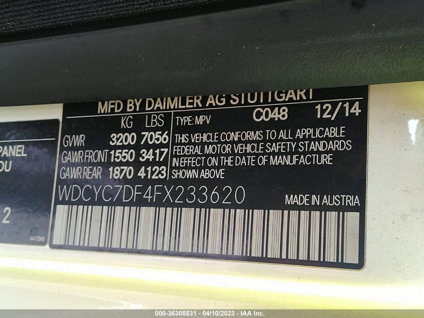 VIN WDCYC7DF4FX233620 2015 Mercedes-Benz G-Class, G... no.9