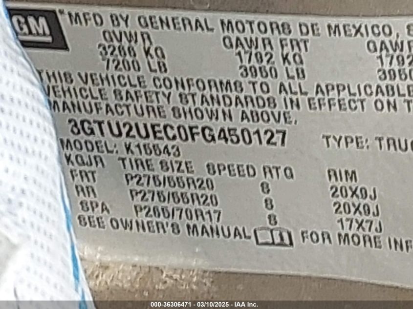 2015 GMC Sierra 1500 Sle VIN: 3GTU2UEC0FG450127 Lot: 36306471