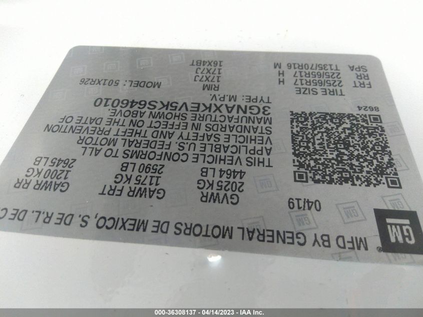 2019 Chevrolet Equinox Lt VIN: 3GNAXKEV5KS646010 Lot: 36308137