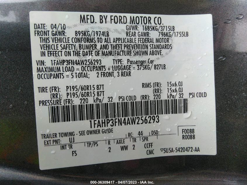 1FAHP3FN4AW256293 2010 Ford Focus Se