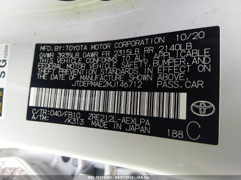 JTDEPMAE2MJ146712 2021 Toyota Corolla Le