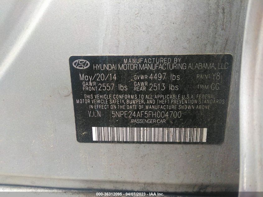 5NPE24AF5FH004700 2015 Hyundai Sonata Se