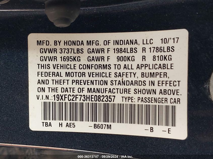 2017 Honda Civic Ex VIN: 19XFC2F73HE082357 Lot: 36313787