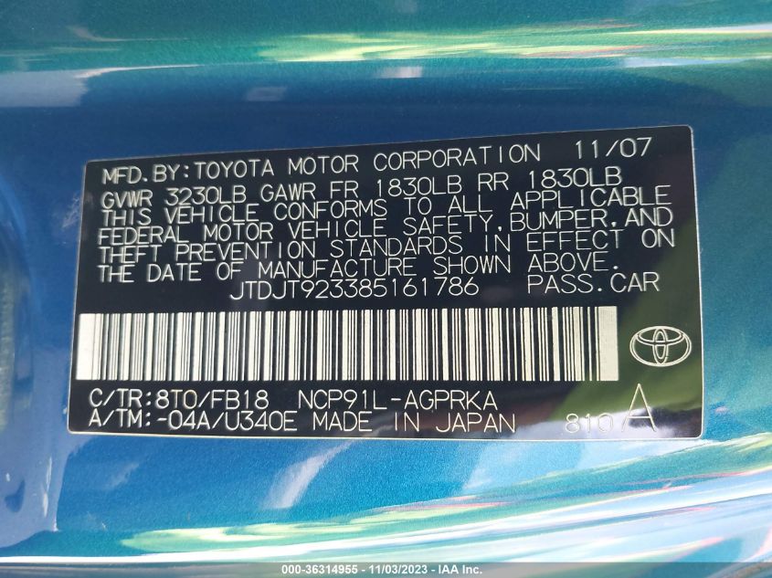 2008 Toyota Yaris VIN: JTDJT923385161786 Lot: 36314955