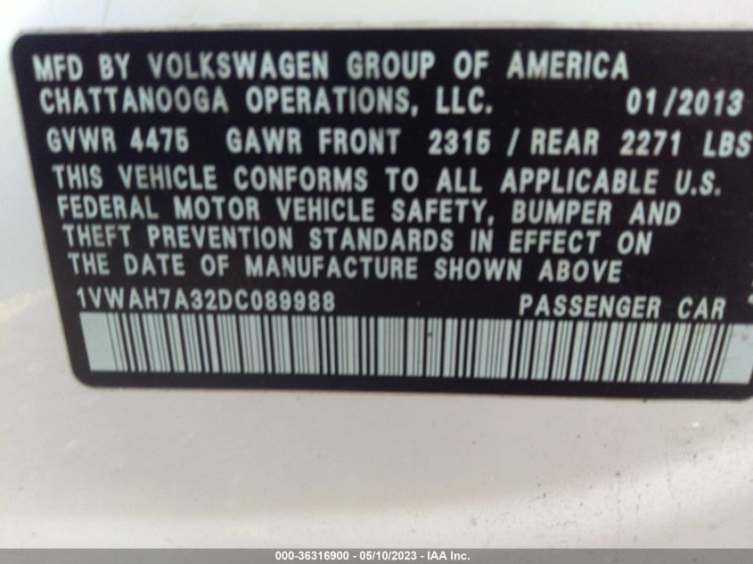 1VWAH7A32DC089988 2013 Volkswagen Passat 2.5L S