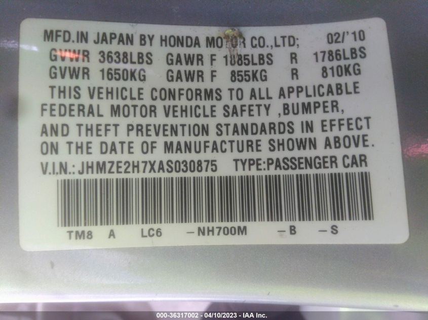 2010 Honda Insight Ex VIN: JHMZE2H7XAS030875 Lot: 36317002