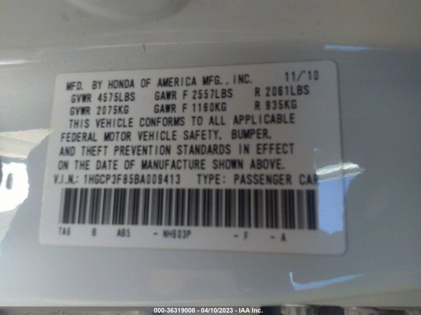 2011 Honda Accord Sdn Ex-L VIN: 1HGCP3F85BA009413 Lot: 36319008