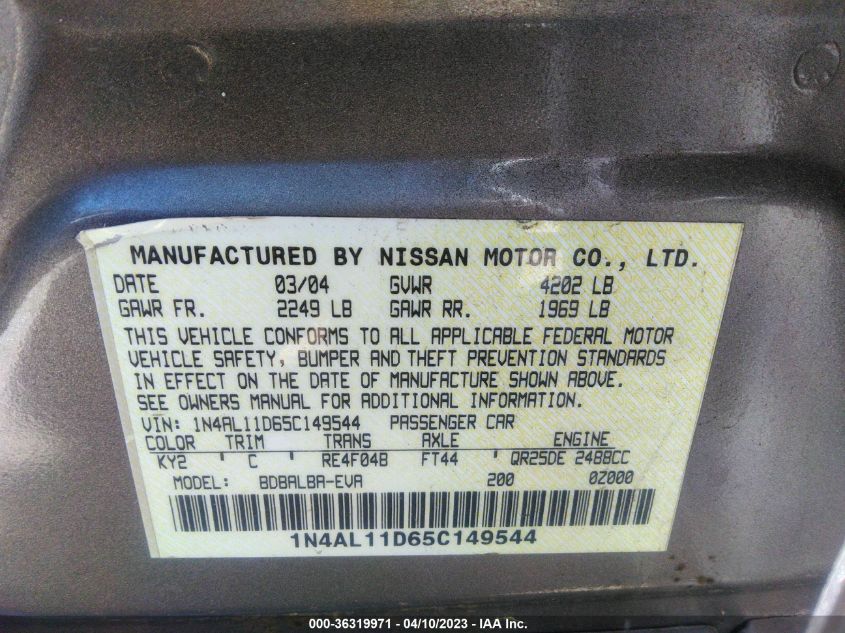 2005 Nissan Altima 2.5 S VIN: 1N4AL11D65C149544 Lot: 36319971