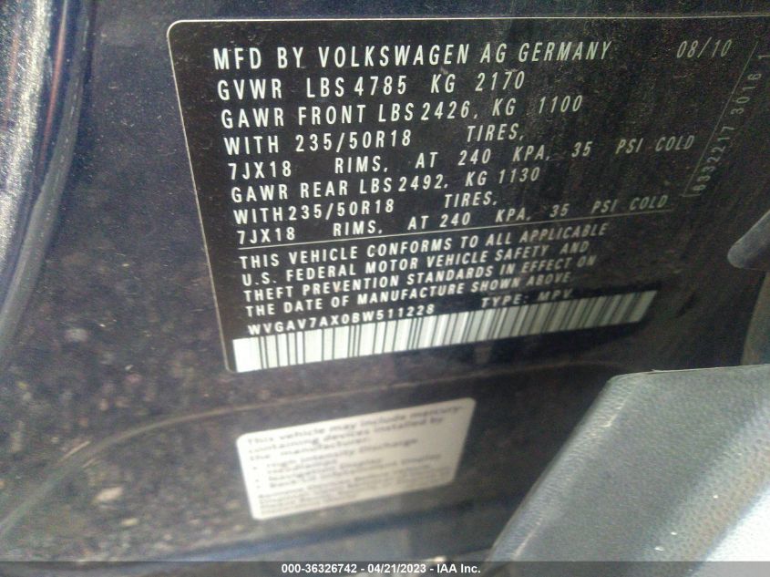 WVGAV7AX0BW511228 2011 Volkswagen Tiguan Se