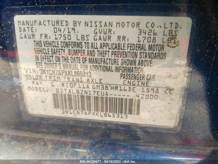 2019 Nissan Versa 1.6 Sv VIN: 3N1CN7APXKL865313 Lot: 36329477