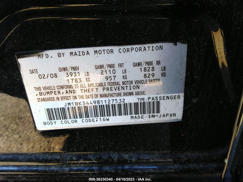 2008 MAZDA MAZDA3 S SPORT VIN: JM1BK344981127532
