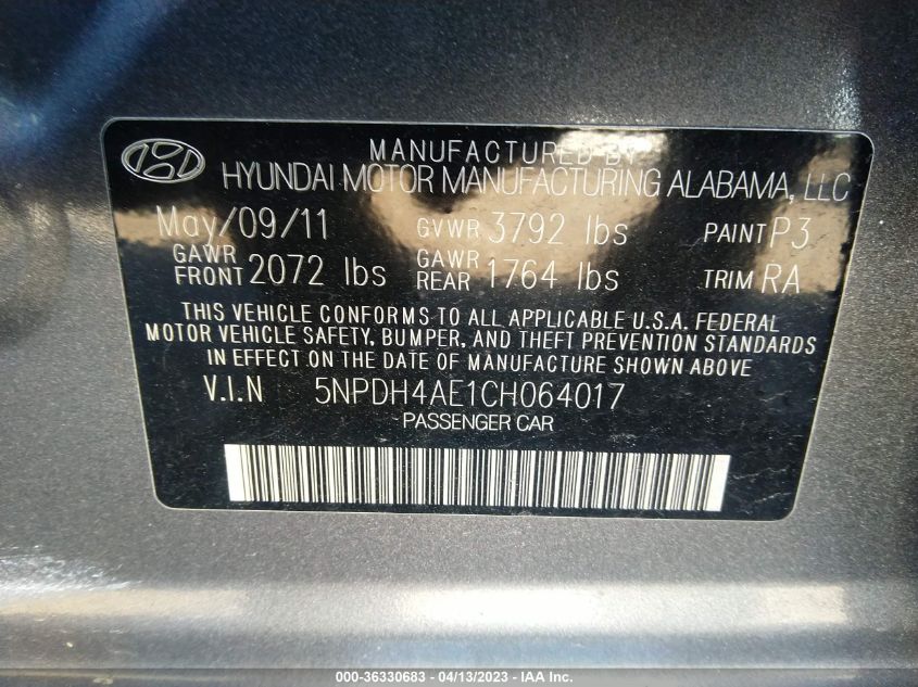 5NPDH4AE1CH064017 2012 Hyundai Elantra Gls