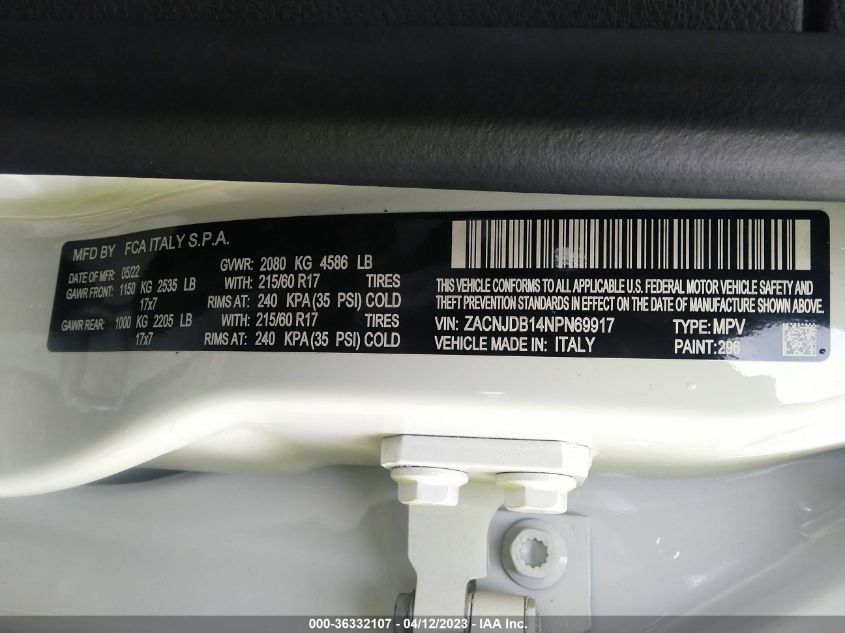 2022 Jeep Renegade Latitude VIN: ZACNJDB14NPN69917 Lot: 36332107