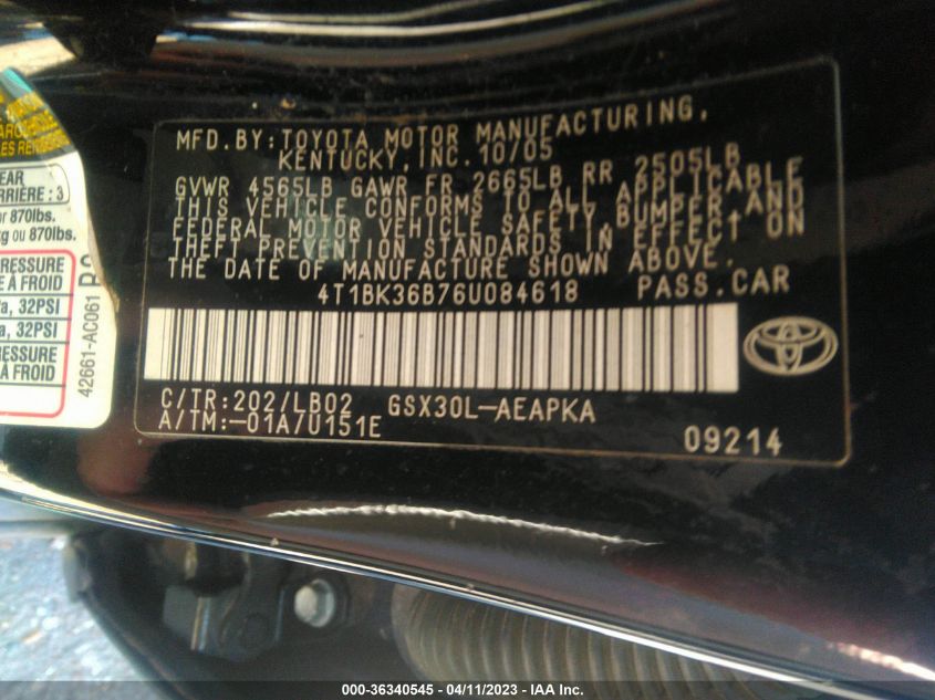 2006 Toyota Avalon Xl/Touring/Xls/Limited VIN: 4T1BK36B76U084618 Lot: 36340545