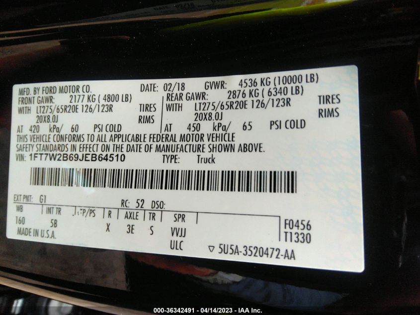 2018 Ford F-250 Lariat VIN: 1FT7W2B69JEB64510 Lot: 36342491