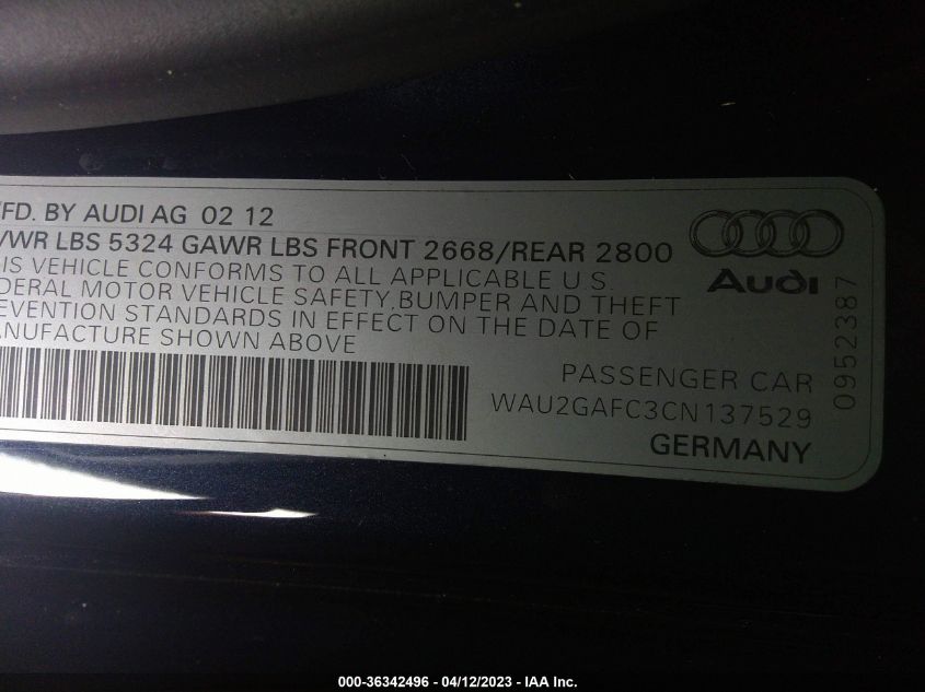 2012 Audi A7 Premium VIN: WAU2GAFC3CN137529 Lot: 36342496