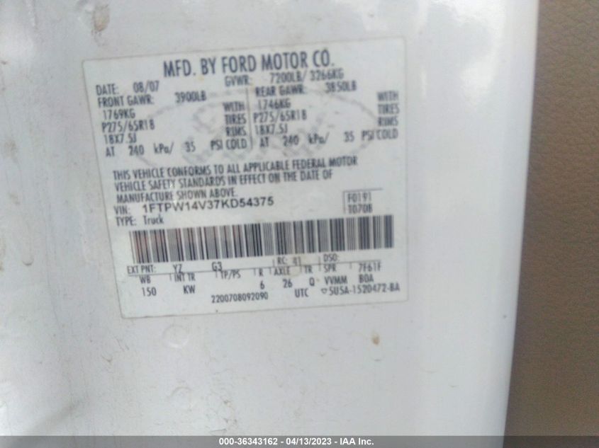 2007 Ford F-150 Xlt/Lariat/Fx4 VIN: 1FTPW14V37KD54375 Lot: 36343162