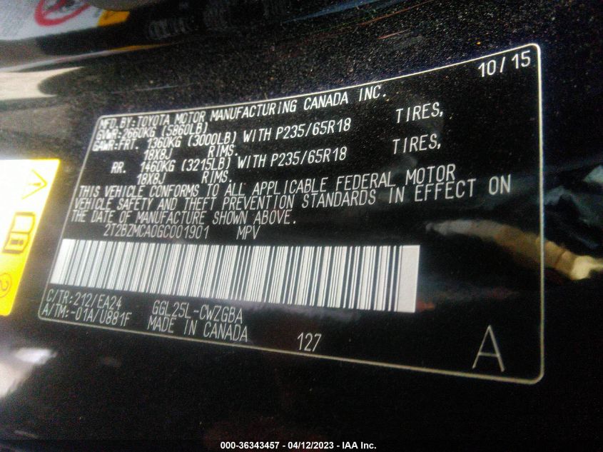 2016 Lexus Rx 350 VIN: 2T2BZMCA0GC001901 Lot: 36343457